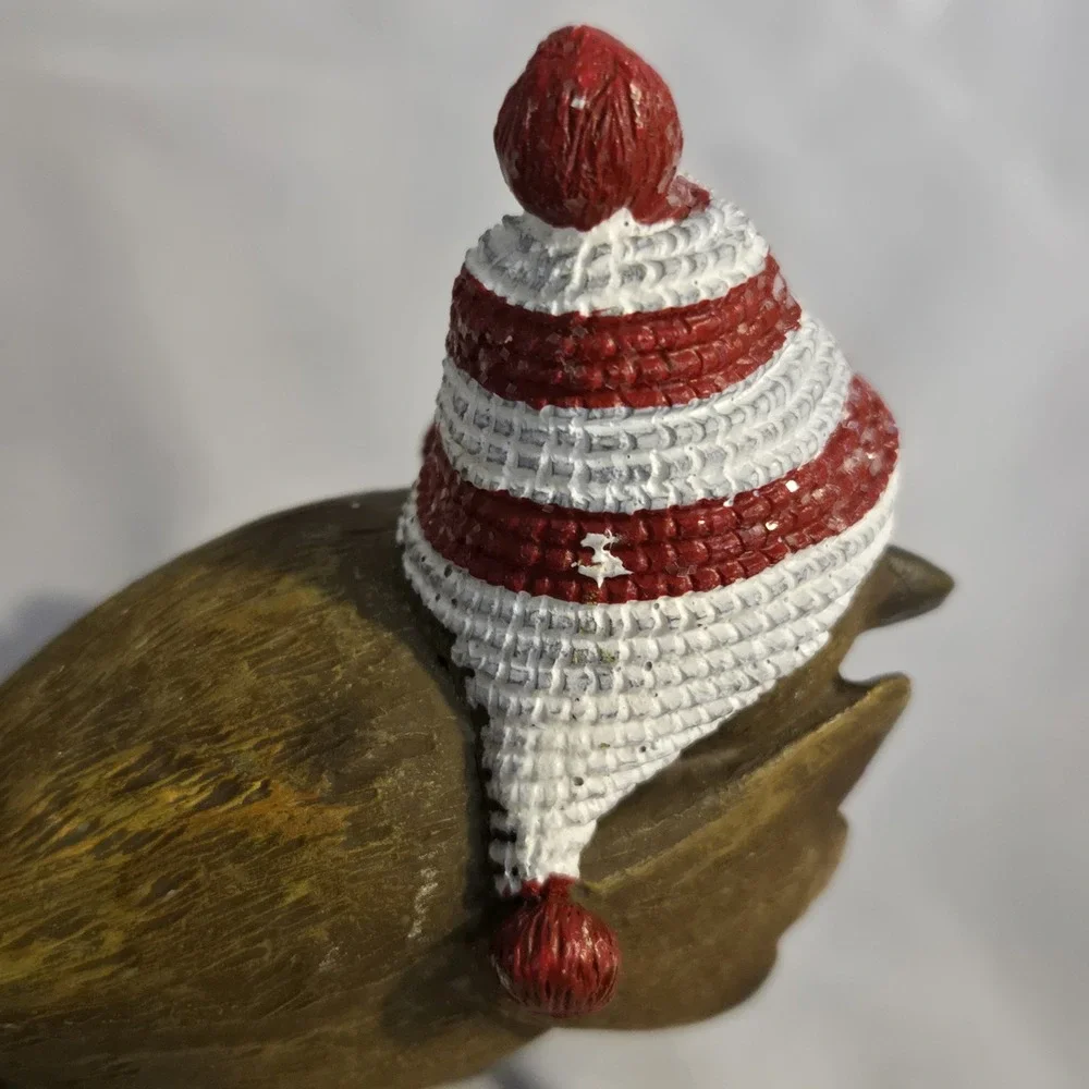 Christmas Bird Figurine Red White Winter Hat Pom Pom Rustic Holiday Decor 4